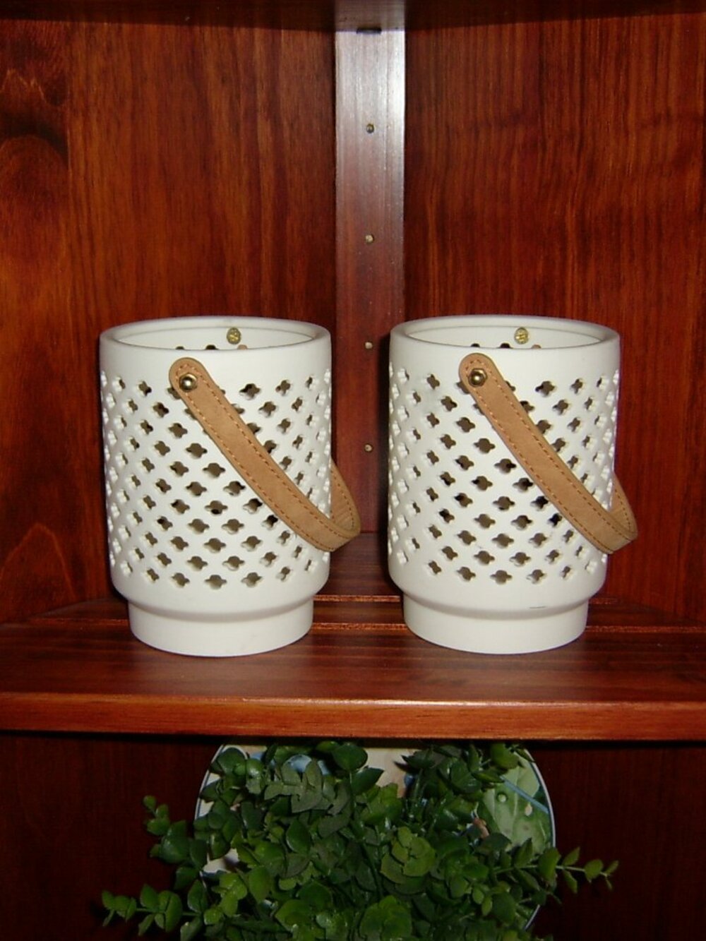 Pair of White Ceramic Candle Holders with Leather Strap